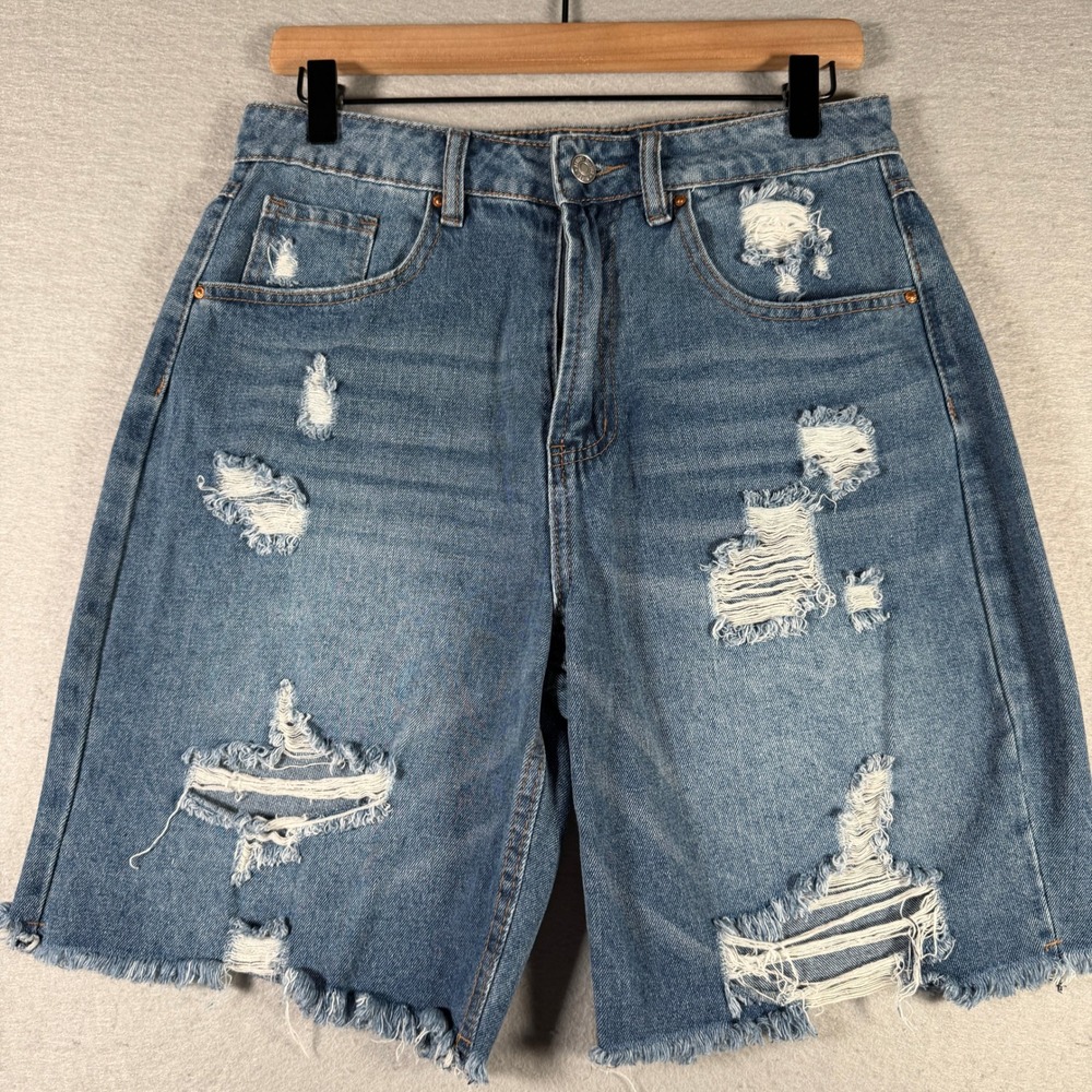 Almost Famous Womens Distressed Denim Bermuda Shorts Blue 7 High Rise Raw Hem